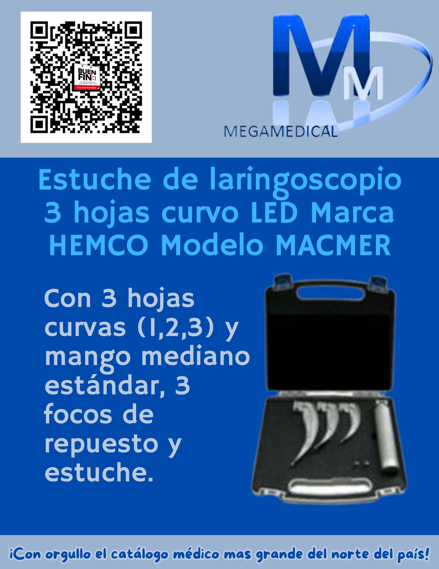Estuche de Laringoscopio MACMER HEMCO - 3 Hojas Curvas con Iluminación LED