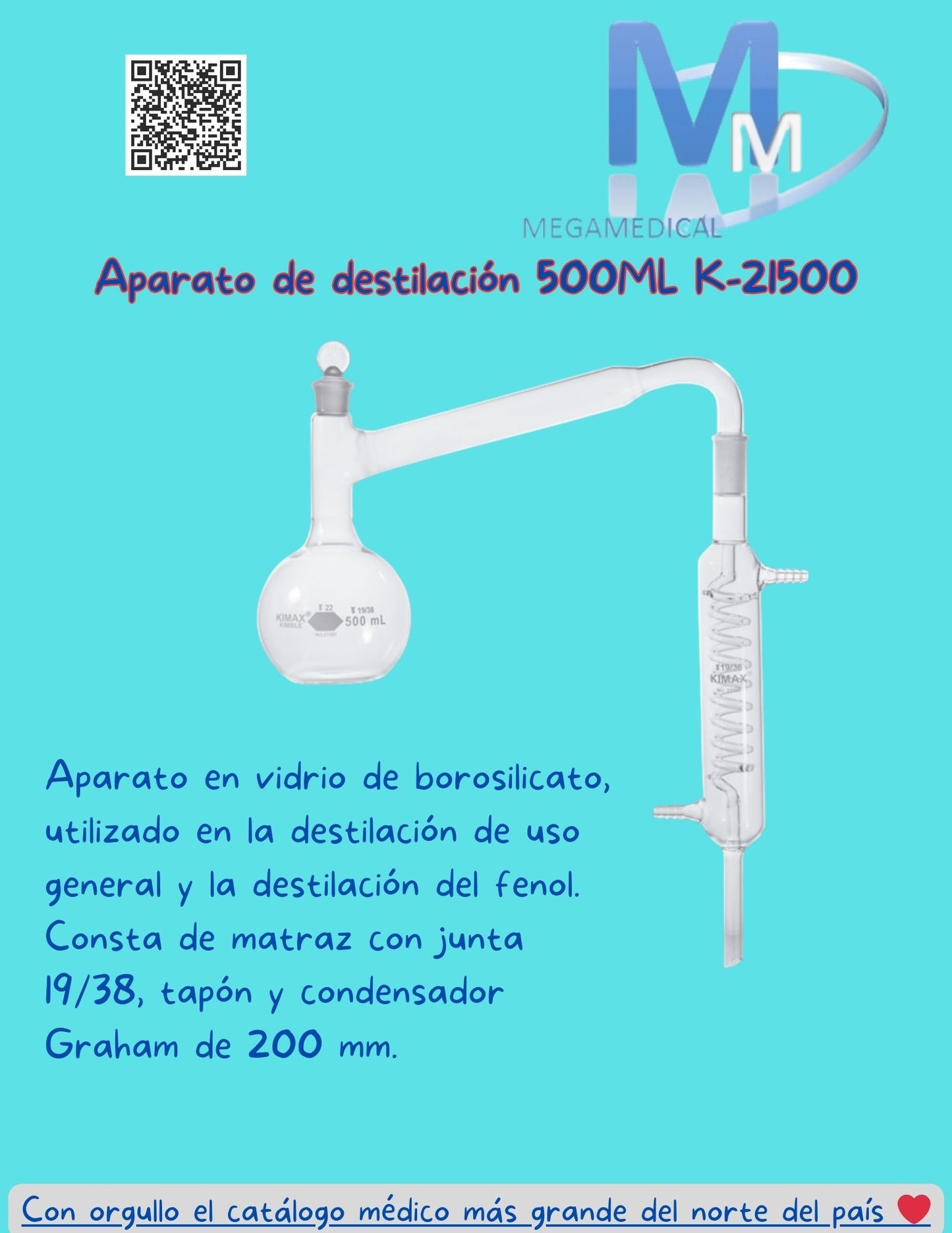 Aparato para destilación Kimax de 500ml